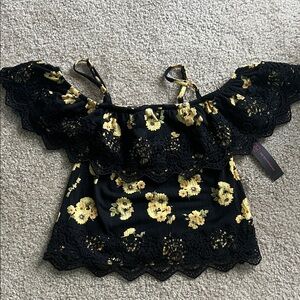 Floral Off-Shoulder Women’s Top - Black with Yellow Floral